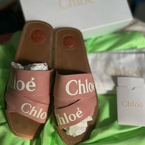 Chloe Woody Flat Logo Ribbon Slide Pink Sandals Size 10 W box and packaging